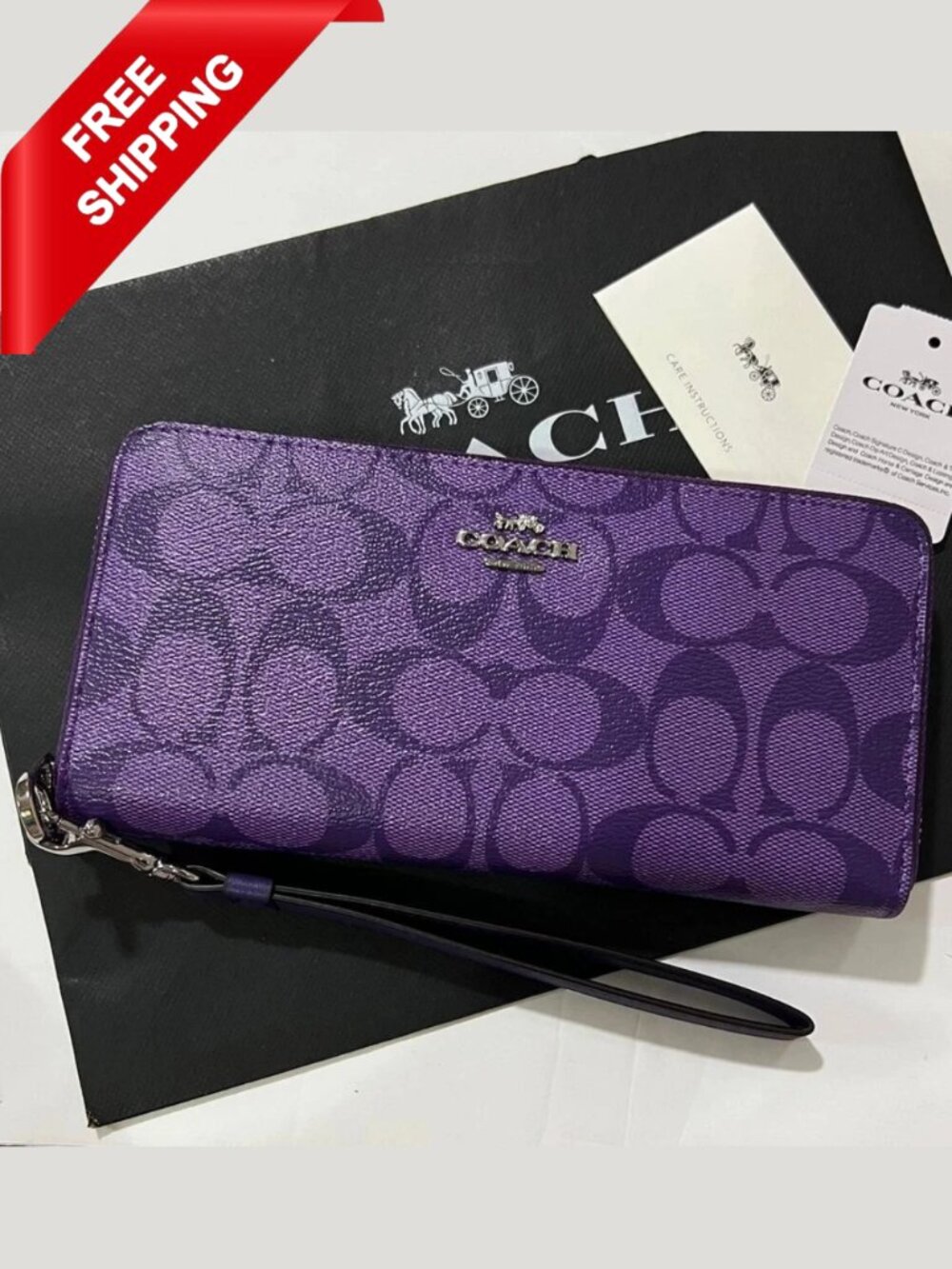 COACH Long Round Zip Wallet with Strap Purple Signature C4452 outlet F/S New US!